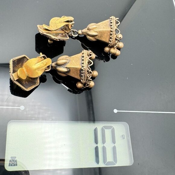 Ethnic Vintage Earrings Gold-Toned Traditional Clip-On Dangling Bells - Picture 3 of 9